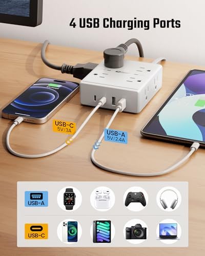 15 Ft Surge Protector Power Strip with 8 Outlets & 4 USB Ports – Wall Mountable Flat Plug Charging Station for Home, Office, and Dorm Room – High-Speed USB-C Compatible Extension Cord for Ultimate Device Connectivity and Safety