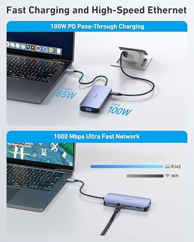 Transform Your Workspace with the BENFEI 11-in-1 USB C Hub – Ultimate Triple Display Docking Station with Dual HDMI, VGA, High-Speed USB 3.0 Ports, and 100 W Power Delivery for Rapid Charging – Essential Accessory for Mac Book, XPS, and Surface Users Seeking Enhanced Productivity and Seamless Connectivity