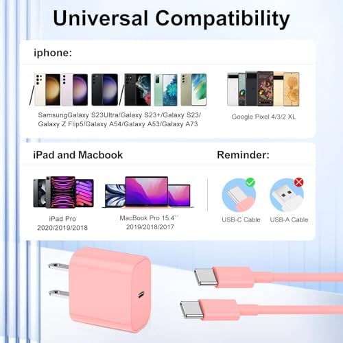 Ultimate 20 W Fast Charging Solution: 10 Ft i Phone 15 Charger with 3 Durable USB-C Cables & Dual Wall Adapters – Compatible with i Phone 15/15 Pro/Pro Max, i Pad Pro, Air Pods, and Samsung Devices for Rapid Power-Up and On-the-Go Convenience