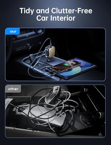 Revolutionary 72 W Retractable USB-C Car Charger – Dual Port Fast Charging Solution for i Phone 16/15/14/13/12 & Samsung Devices, 4 FT Tangle-Free Cables, Sleek Warm Grey Design for Ultimate Convenience and Organization