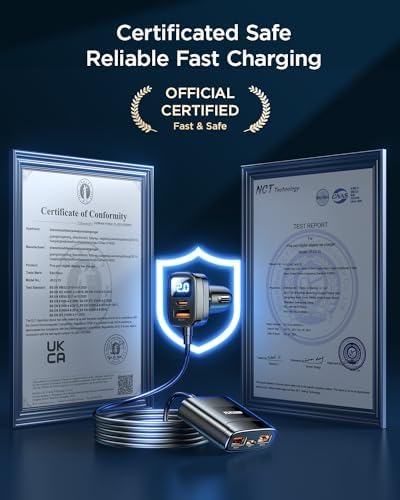 Ultimate 78 W Multi-Port USB-C Car Charger with LED Voltage Display – Rapid Charging for i Phone 16/15 Pro Max, Samsung S24 & More – 5 FT Cable Included for Enhanced On-the-Go Power Solutions