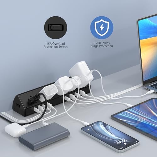 Maximize Efficiency with the 45 W Desk Clamp Charging Station – 4 PD USB-C Ports & 5 AC Outlets, ETL Listed Surge Protector for Ultimate Device Protection, 14 AWG Heavy-Duty Cord, Secure Fit for 1.9″ Tabletops (Black, 6 FT Cable) – Your All-in-One Power Solution for Home and Office
