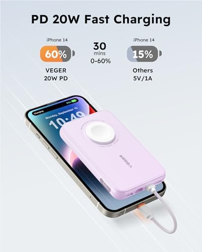 VEGER 10,000 m Ah Portable Charger with Removable Cable – PD 20 W Fast Charging Power Bank for i Phone 15/14/13 Pro Max, Samsung, and Apple Watch – Ultra-Lightweight Travel Accessory in Stylish Purple – Unmatched Compatibility and Speed for On-the-Go Charging