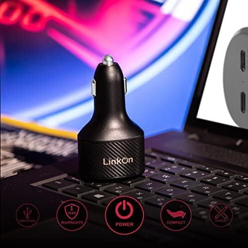 Experience Rapid Power with the Link On 84 W USB-C Car Charger: Dual-Port Fast Charging Adapter Featuring 60 W PD3.0 & 18 W QC3.0 for Mac Book, Dell XPS, Google Chromebook & More – Compact, Multi-Device Accessory with Enhanced Safety Mechanisms for Reliable Performance on the Road