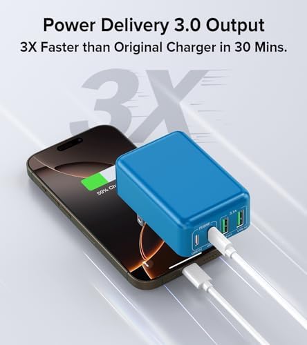 Elevate Your Charging Game with the 2 Pack Flat USB C Charger Block – 40 W Fast Charge Hub for i Phone 12-16, i Pad & Samsung Devices, Featuring 4 Ports for Simultaneous Power Delivery & Quick Charge, Sleek Light Blue Travel-Friendly Design Ideal for Home & On-the-Go Use