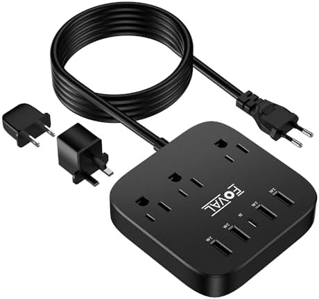 FOVAL European Travel Plug Adapter with 4 USB Ports and 3 AC Outlets – Compact Wall-Mount Power Strip with 5 ft Extension Cord for Ultimate Travel Convenience and Home Office Versatility (Black)