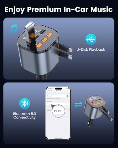 81 W Retractable PD Car Charger with Bluetooth 5.3, FM Transmitter & MP3 Player – Ultimate Hands-Free Car Accessory for Fast Charging & Seamless Connectivity – USB-C Adapter for All Smartphones with LED Display