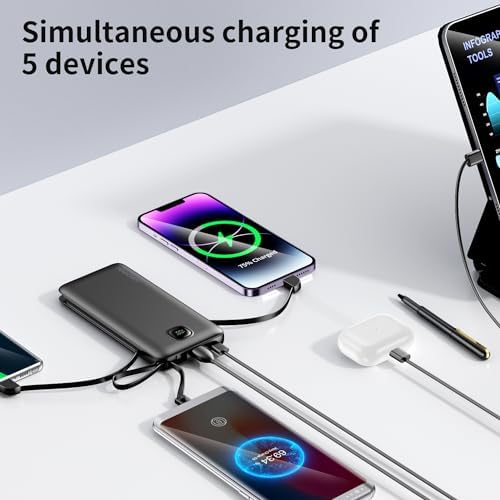 Ultra-Slim 10000 m Ah Fast Charging Power Bank with Built-In Cables & AC Plug – Versatile 5 Output USB-C Portable Charger for i Phones, Samsung, Android & More – Perfect for Travel & On-the-Go Power Solutions