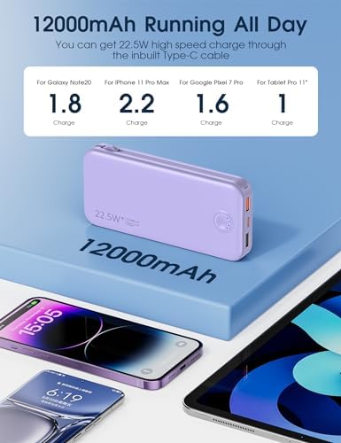 Ultra-Fast Charging Portable Power Bank with Built-In Cable and AC Plug – 12,000 m Ah USB C Travel Charger for i Phone and Android Devices – Lightweight, Compact Design for On-the-Go Power Solutions