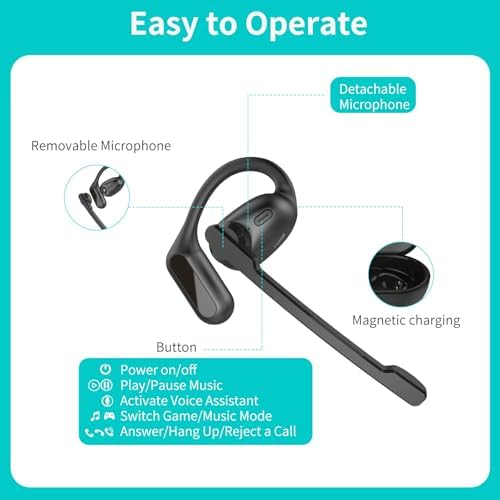Open-Ear Bluetooth Headset with Detachable Microphone – Advanced Noise Cancellation for Professional Clarity, Bluetooth 6.0 for Instant Connection, Lightweight Comfort for All-Day Use, Perfect for Office and On-the-Go Communication