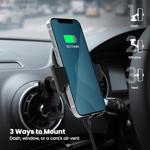 Wireless Car Mount with 15 W Fast Charging – Versatile 3-Way Mount for Dash, Window, or Vent – Enhanced Smartphone Compatibility for Safe Driving Experience