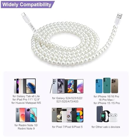 Aolcev USB C Cable 66W Fast USB A to USB C Charging Cable Long 6.6FT/2M Cute Beaded USB Type C Charger Cord Pearl Phone Charger for iPhone 16 Pro 15 Pro Max/Pro/Plus Galaxy S25/S24 iPad White – Enhanced Compatibility and Speed