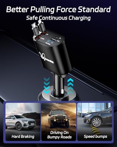 Ultimate 66 W Retractable Car Phone Charger – Fast Dual Type-C Charging Solution for i Phone 15/14, Samsung Galaxy S23+/S23/S22, i Pads – Tangle-Free Design for Efficient Multi-Device Power-Up in Cars and Trucks – Perfect Travel Accessory with Built-In Safety Features