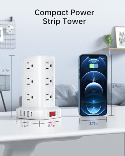 Ultimate Surge Protector Power Strip Tower with 10 FT Cord and 4 USB Ports (1 USB C) – 12 AC Outlets for Home Office and Dorm Room – Space-Saving Design with Enhanced Protection for Your Electronics and Fast Charging Solutions