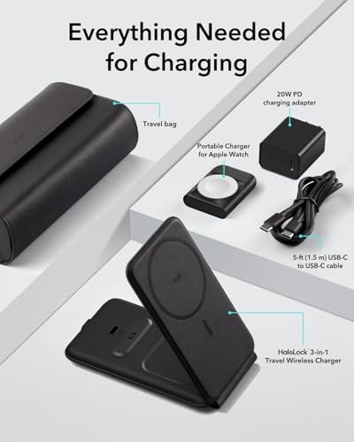 ESR Qi2 All-in-One 3-in-1 Charging Station for Apple Devices – Fast 15 W Mag Safe Charger, Certified Apple Watch & Air Pods Power Hub, Ideal Travel Companion for i Phone 16/15/14/13/12 Series, Sleek Black Design with Travel Bag Included – Maximizing Efficiency and Style