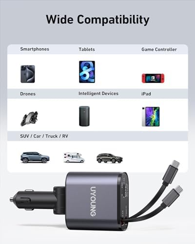 Revolutionize Your Road Trips with the UYOUNG 100 W Retractable Car Charger – 4-in-1 Fast Charging Solution with Dual 31.5-Inch Cables & Dual USB Ports for i Phone 15/14/13/12/11 Pro Max, Samsung, Pixel, and More – Ultimate Compatibility & Speed for Modern Travelers