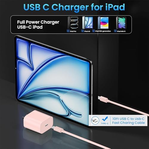 10 FT i Pad Fast Charging Cable Set – High-Power 20 W USB C Charger with Extended Reach for Ultimate Flexibility, Compatible with i Pad 10 th/11 th Gen, i Pad Pro (12.9/11 inch), i Pad Air (4 th/5 th), and i Pad Mini – Durable, Stylish Black Design for Seamless Charging Experience