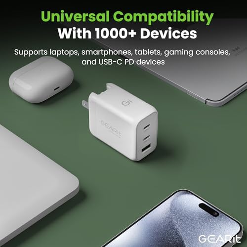 Power Up Your Devices Efficiently with the GEARit 65 W Ga N USB-C Triple-Port Fast Charger – PD 3.0 Wall Adapter for Seamless Charging of Apple, Samsung, Google, and Dell Devices – Compact, Lightweight Design with Superior Safety Features for Fast Multi-Device Power Delivery