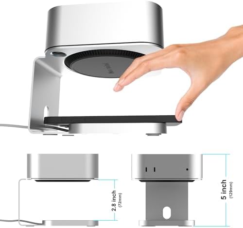 Aluminium Alloy Desk Stand with Integrated Wireless Charger for Mac Mini M4/M4 Pro – Optimized for Mobile Phones and Headphones with Enhanced Heat Dissipation and Space-Saving Design, USB-C Compatible, Customizable with Apple Mag Safe Charger, Anti-Slip Silicone Pad for Stability and Scratch Prevention