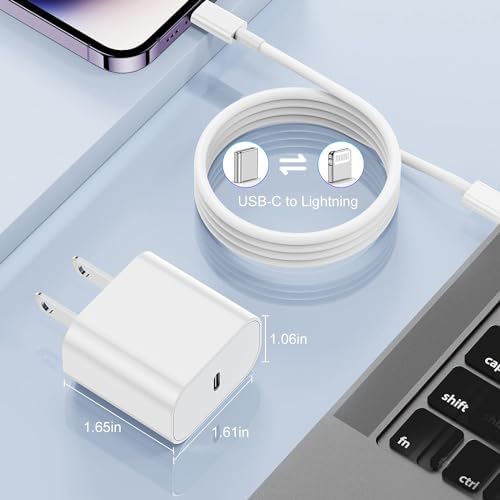 Lightning-Fast 20 W Apple Charger with MFi Certification – 6 ft USB-C to Lightning Cable Included for i Phone 14 Pro Max/14/13 Pro/12 Mini/12/11 & i Pad Air – Compact Power Block for Ultimate Portability and Rapid Charging Efficiency