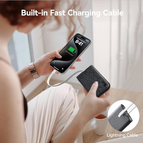imuto Graffiti Style 20000 m Ah Portable Charger with Built-in Lightning Cable – 22.5 W Fast Charging Power Bank for i Phone, Samsung, i Pad, and All Smartphones – Essential Travel Accessory with LED Battery Display and Unique Design