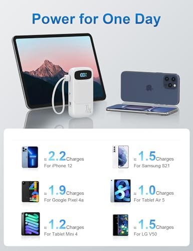 Compact 10,000 m Ah Fast Charging Power Bank with Built-In USB-C Cable for i Phone 16/15, Mac Book, Galaxy, and i Pad – Ultimate Travel Battery Pack for On-the-Go Charging Needs