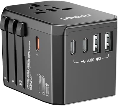 LENCENT 70 W Universal Travel Adapter – High-Efficiency Ga N Fast Charger with Triple PD3.0 Type-C Ports & Dual QC USB-A Outlets for Global Power Needs – Compact Power Converter Compatible with EU, USA, UK, AU Devices – Perfect for Laptops, Phones & Tablets on the Go