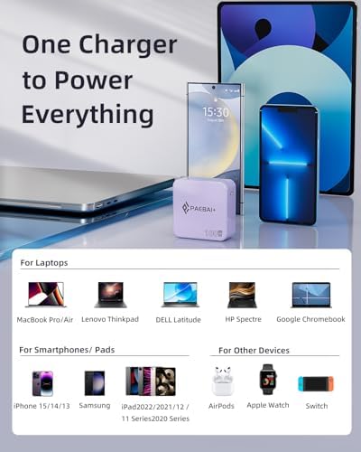 Ultimate PAEBAI+ 100 W USB-C Ga N Fast Charger: Compact, Foldable Wall Adapter for Mac Book Pro, i Phone 15/16, and Diverse USB-C Devices – 6.6 ft Durable Type-C Cable for Rapid Charging – Unmatched Versatility and Safety Features for Efficient On-the-Go Power Solutions