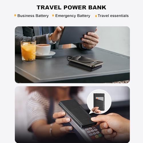 Ultra-Slim 5000 m Ah Portable Wallet Power Bank with Integrated USB-C and Lightning Cables – Universal Travel Charger for i Phone, i Pad, Samsung, Pixel, LG, Moto, and More – Rapid Charging Solution for On-the-Go Connectivity and Device Compatibility
