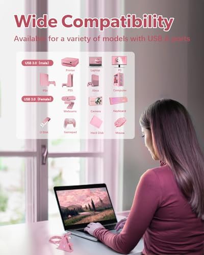 Elevate Your Connectivity with the Stylish Pink USB C Hub – 4 USB 3.0 Ports and 2 FT Extension Cables for Seamless Integration with i Pad Pro, Mac Book Pro, Surface & More – Ultimate Performance Meets Chic Design!