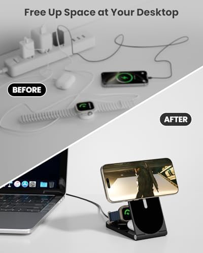 Ultimate 3-in-1 Wireless Charging Station – Foldable Travel Charger for i Phone 16/15/14/13/12, Air Pods & Apple Watch – 20 W Fast Magnetic Charger Stand with Enhanced Mag Safe Compatibility for On-the-Go Convenience