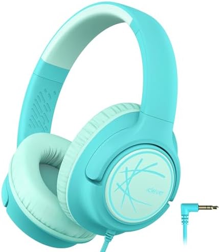 i Clever Kids Headphones: Safe 85 d B Volume Limit, Ergonomic Foldable Design, Superior Stereo Sound, 3.5 mm Jack Compatibility – Ideal for Travel, School & Home Use – Stylish Blue-Green for Boys & Girls