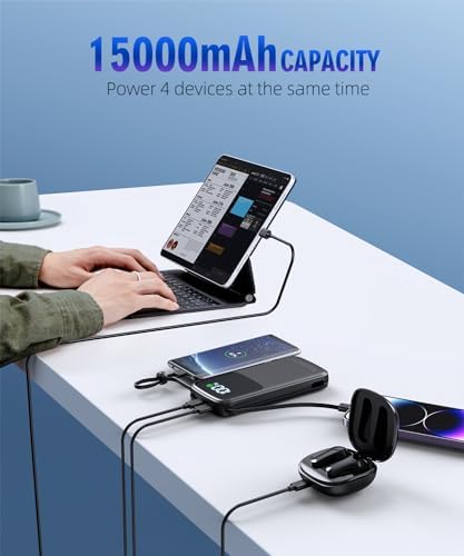 Ultimate UYAYOHU 15000 m Ah Portable Charger with Built-in AC Plug and Dual Output Cables – Lightweight Power Bank for Fast Charging i Phones, Samsung Devices & i Pads – LED Display for Instant Battery Monitoring – Perfect for On-the-Go Lifestyle