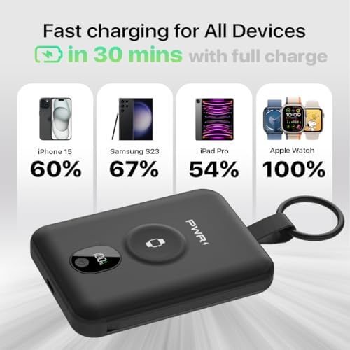 Versatile PWR Versa 4 in 1 Portable Charger for Apple Watch – 5000 m Ah Wireless Power Bank with Built-in Cables and Travel Keychain – Fast Charging, Enhanced Device Compatibility, and Durable Design for On-the-Go Power Solutions