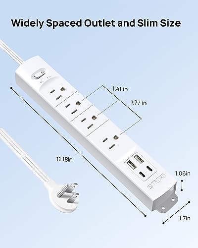 Ultra-Slim TROND Surge Protector Power Strip with 3 USB Ports & Type C – 4 AC Outlets for Maximum Device Protection & Charging Speed – 1440 J Surge Defense, ETL Listed, Space-Saving Wall Mount Design for Home Office & Dorm Use – Versatile Power Management Solution in Elegant Black