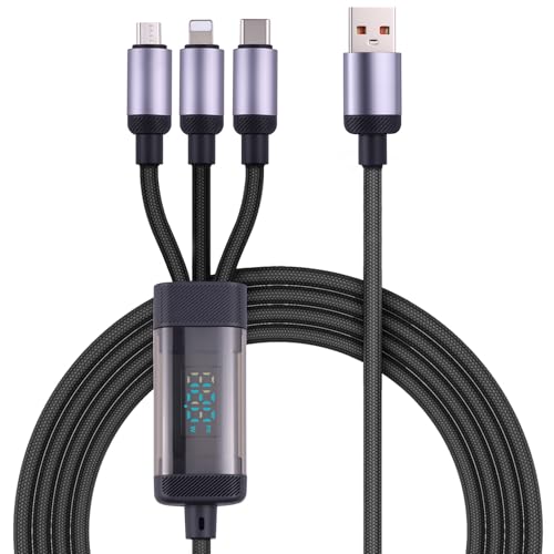 Ultimate 3-in-1 Fast Charging Cable with 120 W Power Output – USB-C, Micro USB & i OS Compatibility | Enhanced Nylon Braided Design with LED Display for Real-Time Monitoring | 3.9 ft Length for Versatile Device Charging – Perfect for Laptops, Phones & Tablets