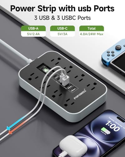 Heavy-Duty Appliance Power Strip with 14-Gauge Extension Cord – 24-Inch Multi-Outlet Surge Protector Featuring 8 AC Outlets & 6 USB Ports (4.8 A) for Fast Charging – 1080 J Protection for High-Wattage Devices in Kitchen, Garage & Workshop