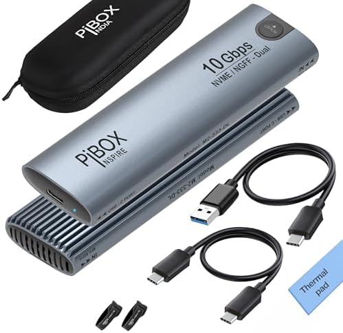High-Speed Pibox India NVMe M2 Enclosure with Fan – USB 3.2 10 Gbps Tool-Free SSD Adapter for 2230/2242/2260/2280 M & B&M Keys – PCI-E NVMe Reader with Enhanced RTL9210 Performance and Heat Dissipation Solutions