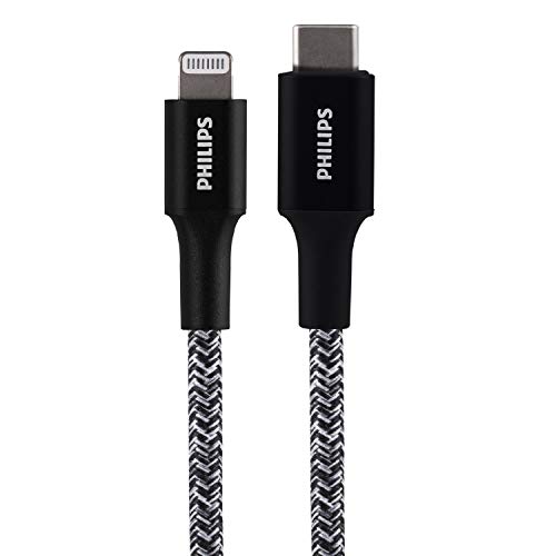 PHILIPS 3 Ft USB C to Lightning Charging Cable – Fast Charging Cord for i Phone 14/13/12 & Air Pods Pro, Durable Braided Design in Sleek Gray – Enhanced Durability and Rapid Power Delivery for Apple Devices