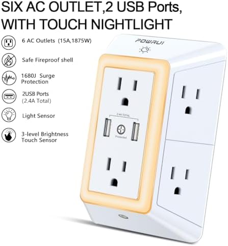 Maximize Your Charging Efficiency with the POWRUI 6-Outlet Extender & USB Wall Charger – Versatile Surge Protector with Dual 2.4 A USB Ports, Integrated Night Light, 3-Sided Design for Optimal Space Utilization, ETL Certified Safety, Ideal for Home and Office Use
