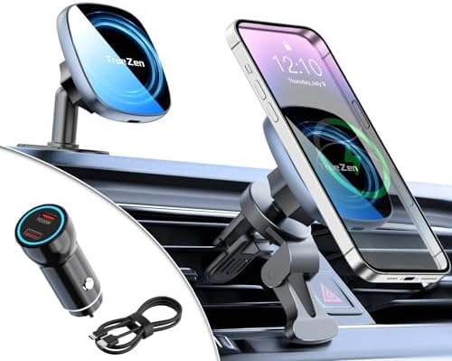 for Magsafe Car Mount Charger with USB C Cable & Car Cigarette Lighter Adapter,15W Magnetic Phone Holder for Your Car Accessories for Women,Men,Car Phone Charger for 16/15/14/13/12,Galaxy S22/S21 – Enhanced Compatibility and Speed