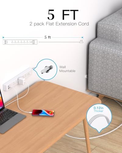Dual Pack 12 FT Power Strip with 6 AC Outlets & 4 USB Ports, Including 2 USB-C – Versatile Surge Protector for Home, Office, and Dorm Use – Space-Saving Flat Plug Design, Wall Mountable for Ultimate Convenience and Safety