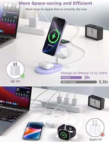 Ultimate 3-in-1 Wireless Charging Station for Apple Devices – Fast 15 W Mag Safe Charger Stand for i Phone 12-16, Apple Watch & Air Pods with Adjustable Viewing Angle – Sleek Purple Design for Enhanced Compatibility and Efficiency