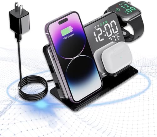 Ultimate 4-in-1 Wireless Charging Station for Apple Devices – 18 W Fast Charge with Integrated Alarm Clock and Temperature Display – Sleek and Efficient Charging Dock for i Phone 12 to 16, Apple Watch, and Air Pods – Stylish, Space-Saving Design for Modern Living