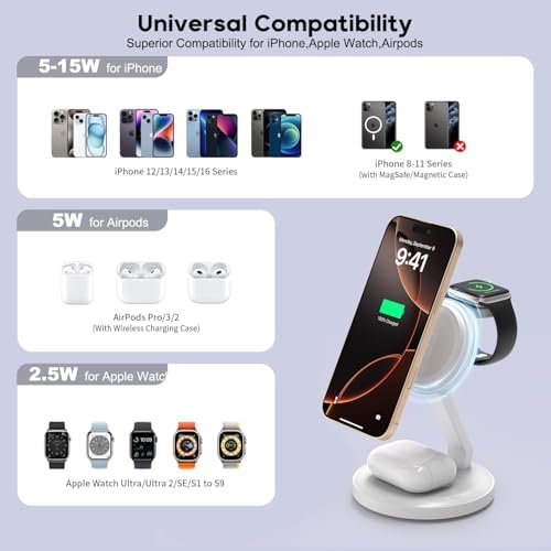Ultimate 3-in-1 Foldable Magnetic Wireless Charging Station for i Phone, Apple Watch & Air Pods – 15 W Fast Charge Compatible with i Phone 16/15/14/13/12, Apple Watch Ultra/SE, Air Pods Pro – Compact, Portable Design with Safety Features for Home & Travel