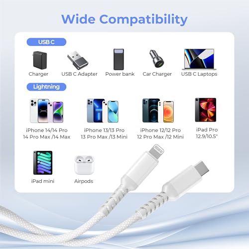 10-Foot Elebase USB C to Lightning Charging Cable for i Phone 14, 13 & More – Fast Power Delivery with USB A Adapter – Enhanced Flexibility for Seamless Device Connectivity – Durable 20 W Quick Charge Cord for i Pad 8 th & 9 th Gen, Apple Models XS, XR, X, 8, 7, 6, SE – Perfect for On-the-Go Charging and Syncing