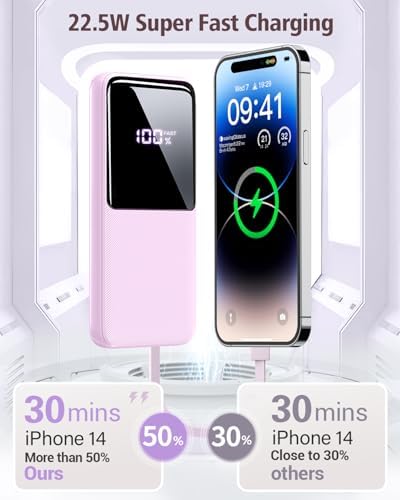 Ultimate 15000 m Ah Fast Charging Portable Power Bank – Compact USB-C & i OS Compatible Battery Pack for i Phone, Android, Samsung – Sleek Purple Design with Safety Features and LED Indicator for On-the-Go Charging