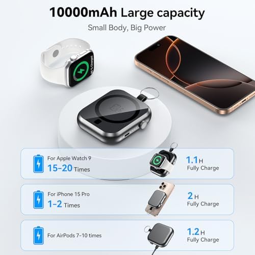Ultra-Fast 10000 m Ah Magnetic Power Bank with Detachable Lanyard – 3-in-1 Wireless Charger for i Phone 12/13/14/15/16, Apple Watch & Air Pods – Compact Portable Battery Pack with 22.5 W PD Charging for Ultimate Device Compatibility and Convenience