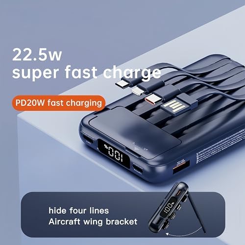 RCHL Mag Safe Portable Charger with 10,000 m Ah Capacity – 5-in-1 Fast Charging Power Bank Featuring Built-in Cables, LED Display, and Foldable Stand for i Phone 16/15/14/13 & Samsung Galaxy S25/S24 – Ultimate Convenience for On-the-Go Power Solutions