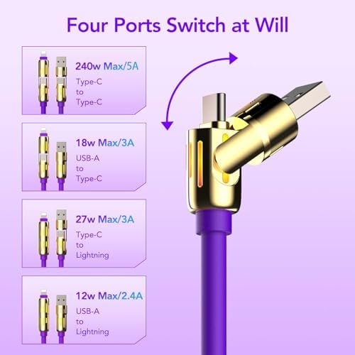 4-in-1 Universal Multi USB Charging Cable – 240W Max Fast Charger Cord with Multiple Connectors for iPhone 16/15/14/13, iPad, Samsung, MacBook, Tablets & More (Black, 6.6Ft) – Enhanced Compatibility and Speed
